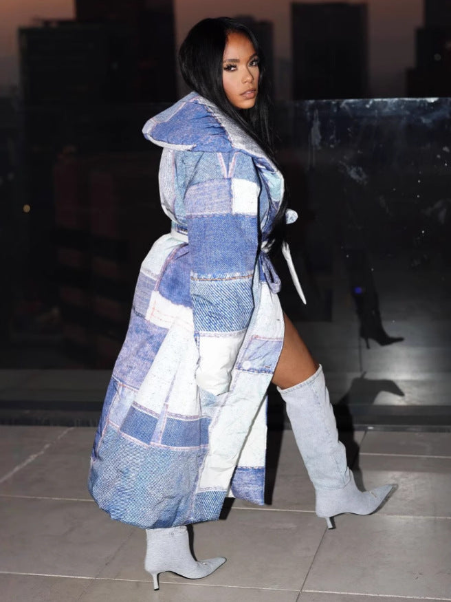 Women Denim patch print Turndown Collar lace-up jacket 3