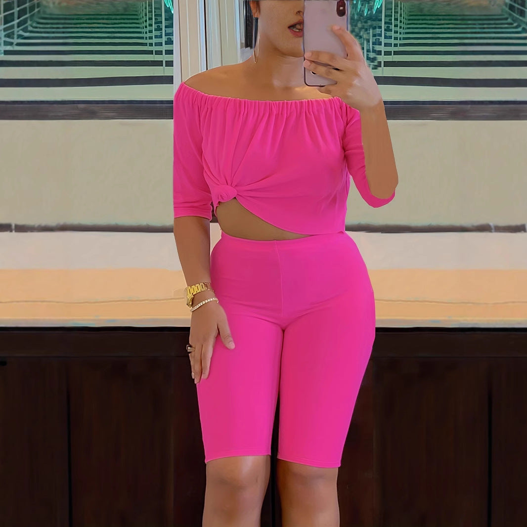 Off-Shoulder Top High-Stretch Shorts Summer Two-Piece Set 7