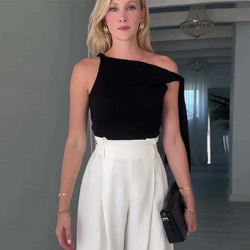 Women summer Solid Slash Shoulder Top and wide-leg pants Casual two-piece set