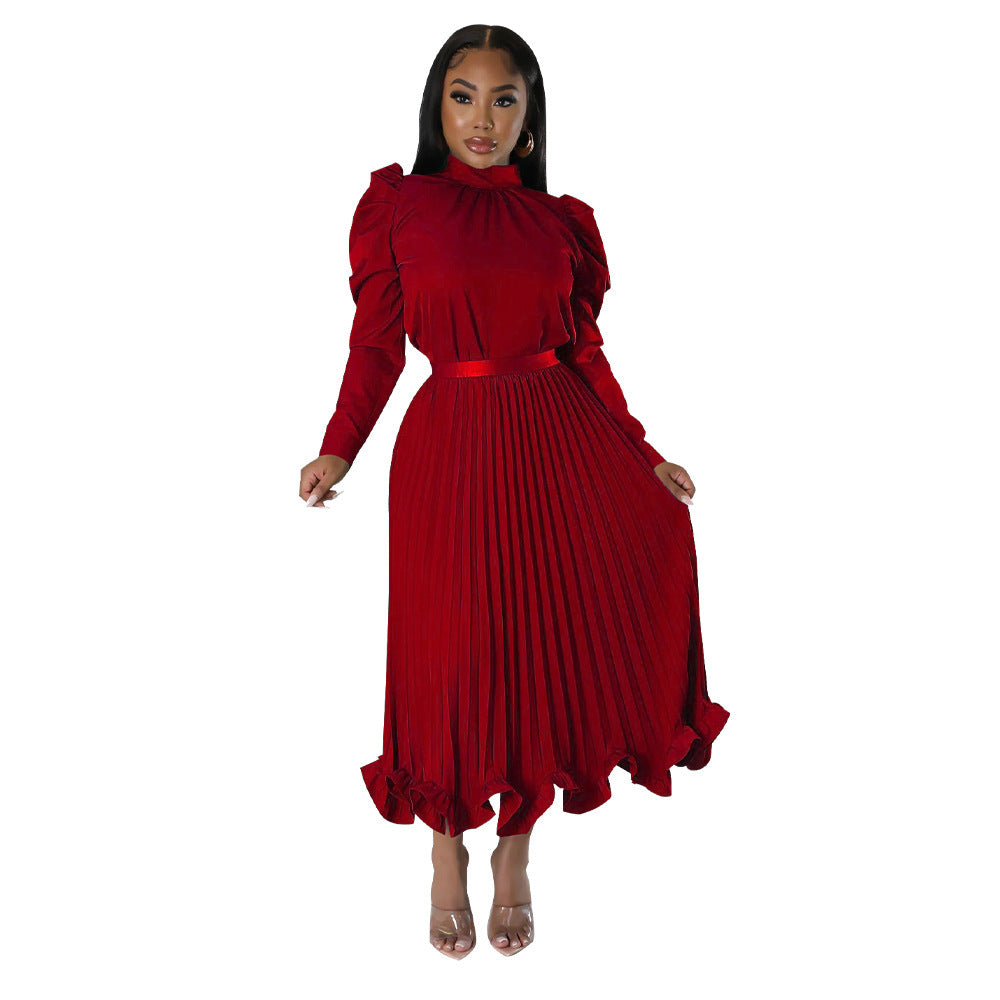 Women's Winter Puff Sleeve Top Ruffled Pleated Skirt Two-Piece Suit 13