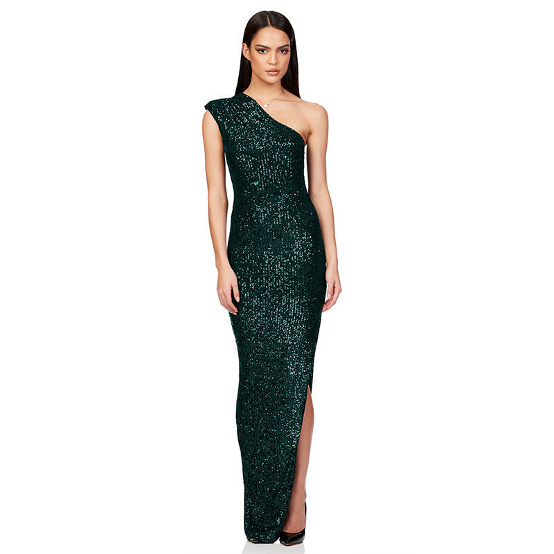 Women's One-Shoulder Sleeveless Sequined Slit Evening Party Dress 22
