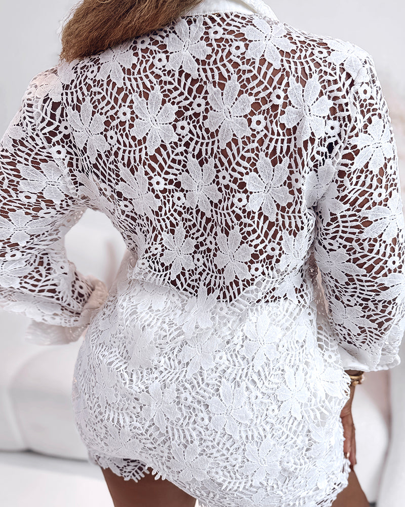 Women's White Lace Hollow-Out Sexy Long Sleeve Shirt Shorts Set 4