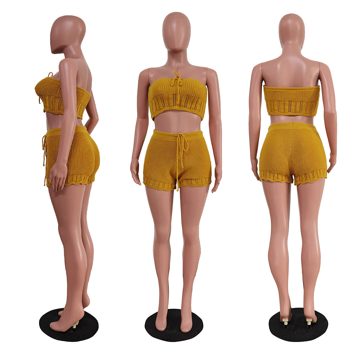 Women Casual Knitting Strapless Tube Top and Shorts Two-Piece Set 16