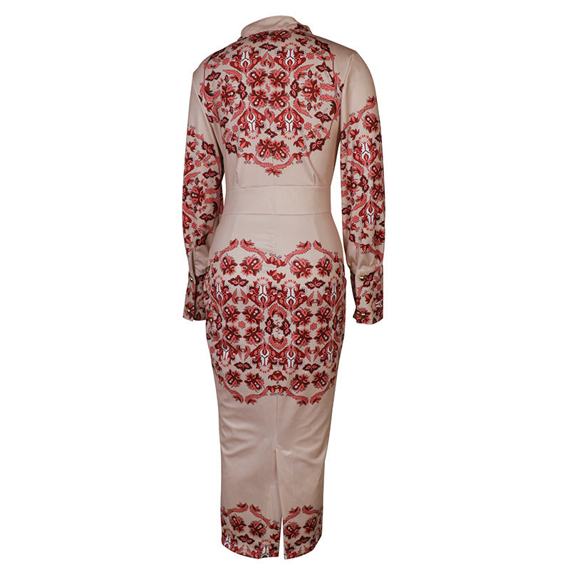 Women Stand Collar Long Sleeve Print Dress 11