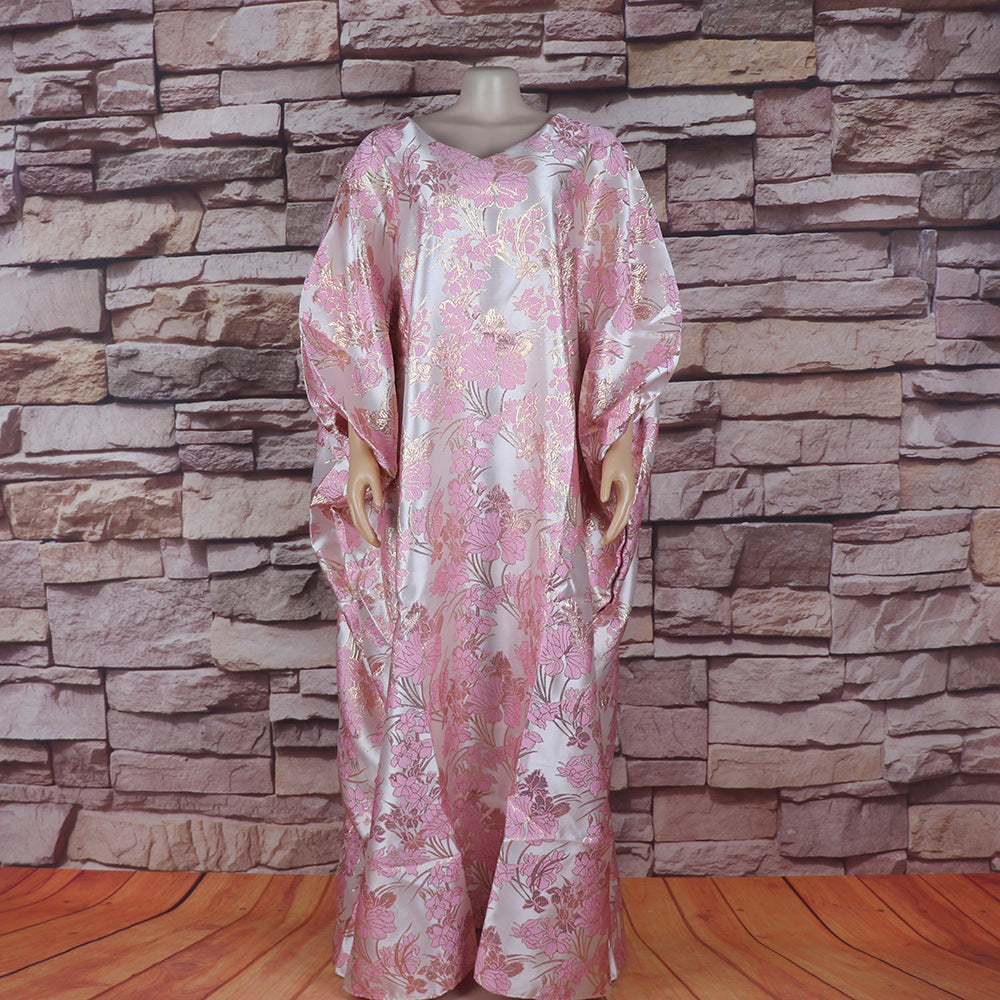 African Mother Loose Long Gown Bubu Bat Sleeves Robe Dress With Headscarf 4