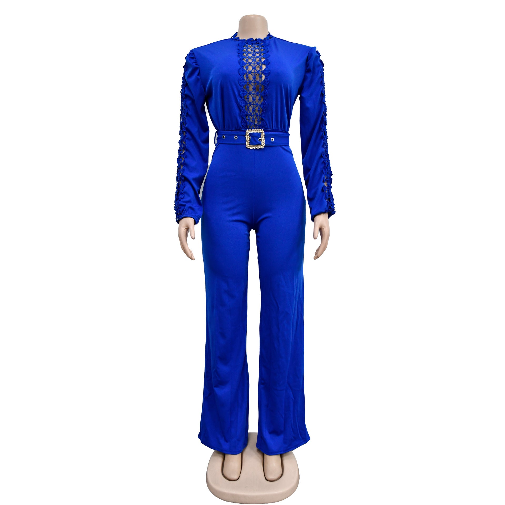 Women Belt Lace Cutout Solid Long Sleeve Jumpsuit 40