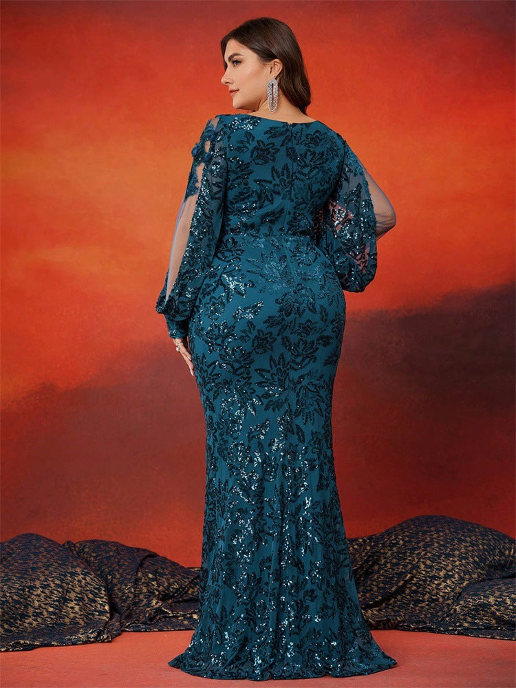 Plus Size Women V-Neck Sequined Long Sleeve Elegant Fishtail Evening Dress 3
