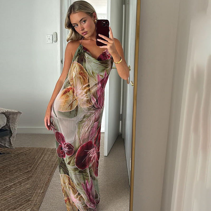 Women sexy Backless lace Halter Neck French slit dress 5