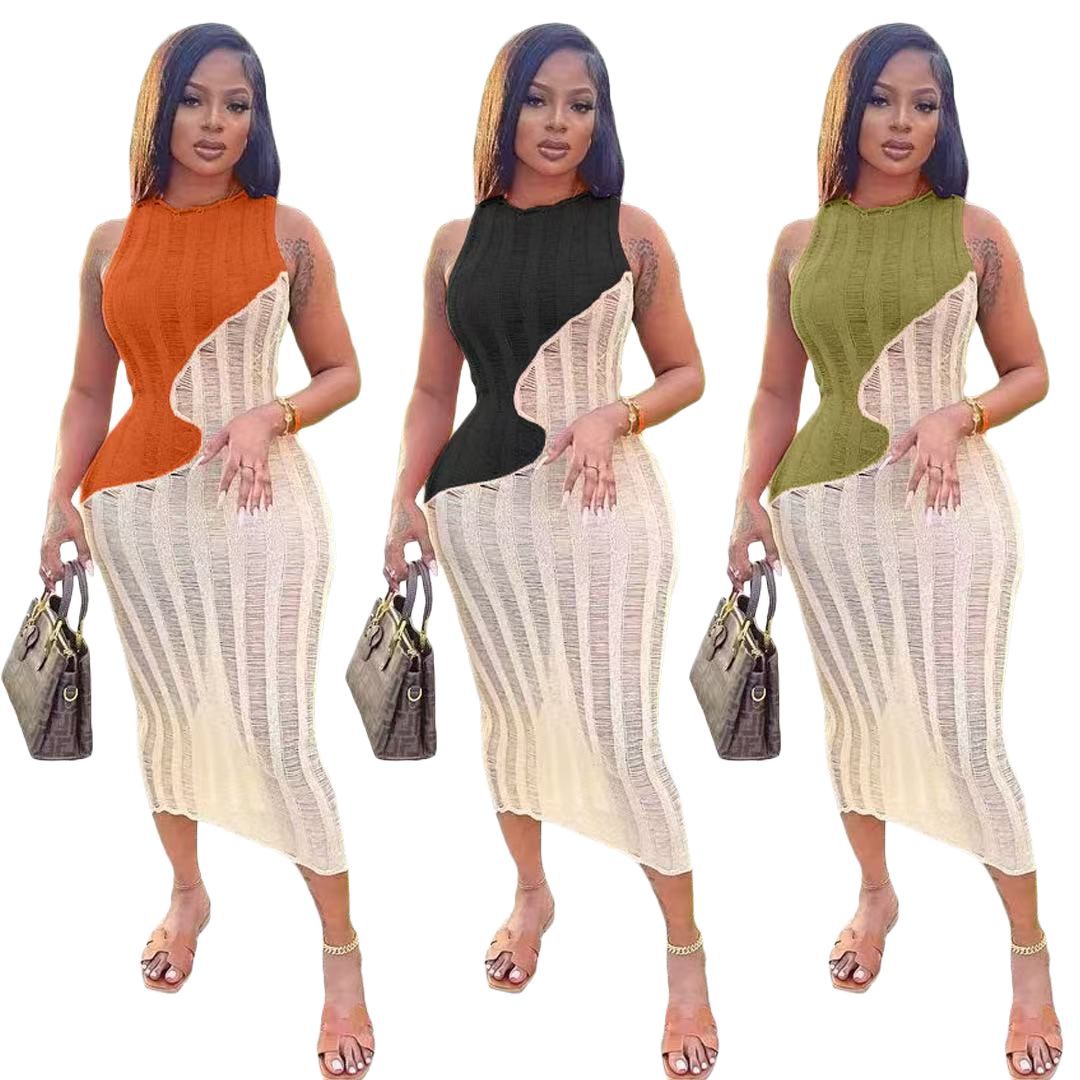 Women Sexy Sleeveless Knitting Color Block Dress 11
