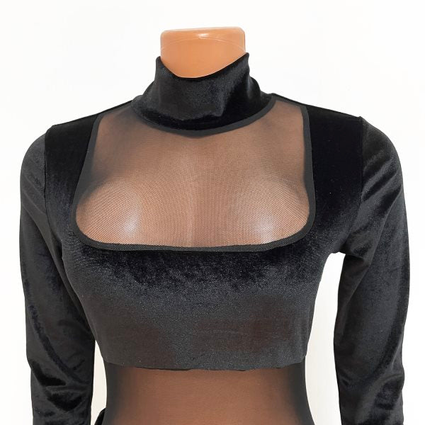 Autumn Party Sexy Mesh Patch Velour Tight Black Jumpsuit 7