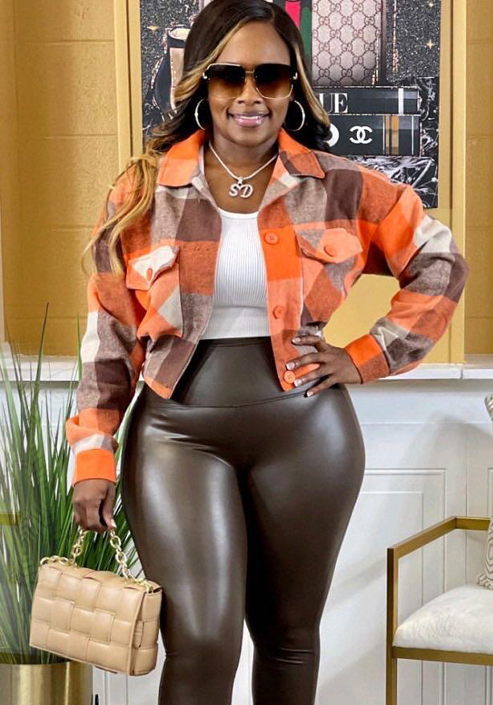 Women's Fall Turndown Collar Plaid Slim Waist Jacket With Pockets