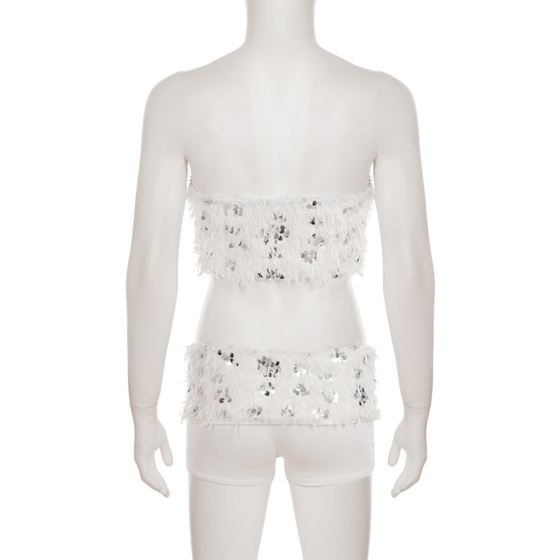 Women Sexy White Sequined Fur Patchwork Strapless Top and Shorts Two-Piece Set 7