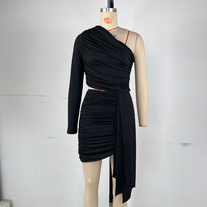 Women Pleated One-shoulder Sleeve Open Waist and Bodycon Skirt Two-piece Set 13