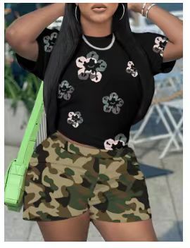 Women's Printed Short-Sleeved Sports Two-Piece Shorts Set 3