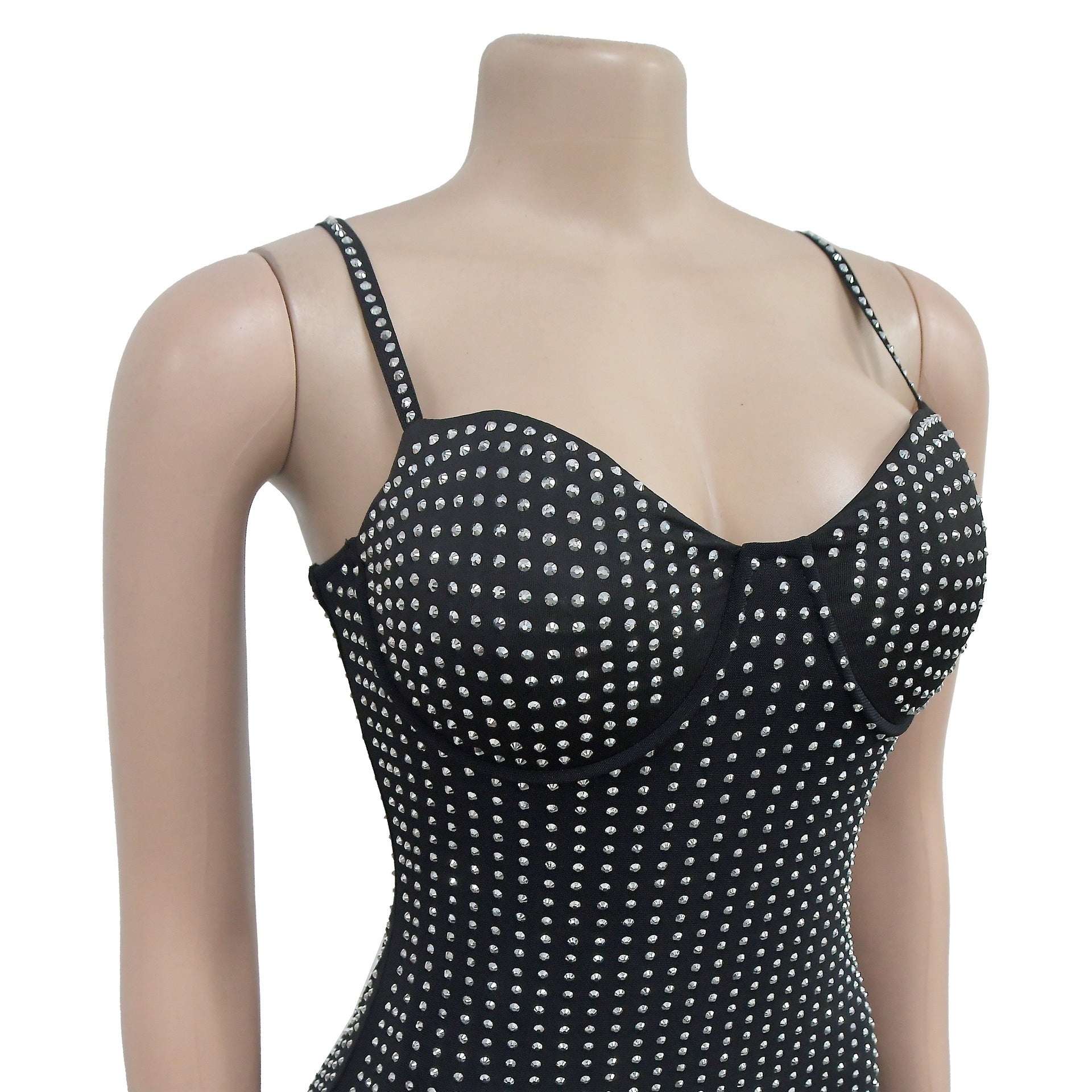 Fashionable Women's Solid Color Mesh Beaded Suspender Dress（customized,MOQ 6pcs/size/color,process time 7-10 days） 14