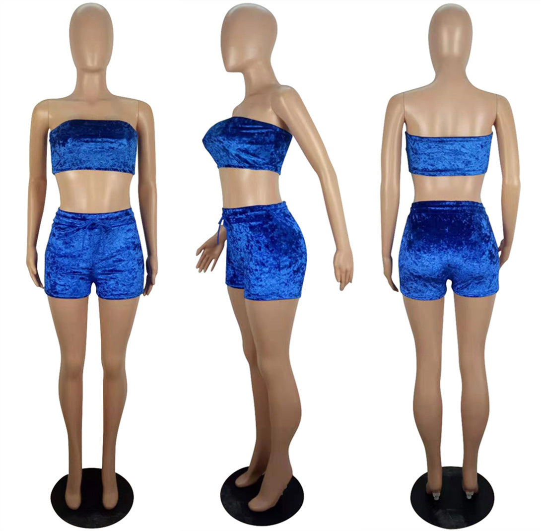 Women's Spring And Summer Style Slim-Fitting Strapless Velvet Crop Top Shorts Two-Piece Set 4