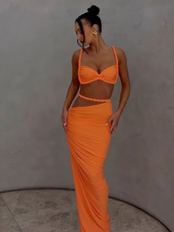 Women Spring Sexy Solid Backless Top and Bodycon Skirt Two-piece Set 11