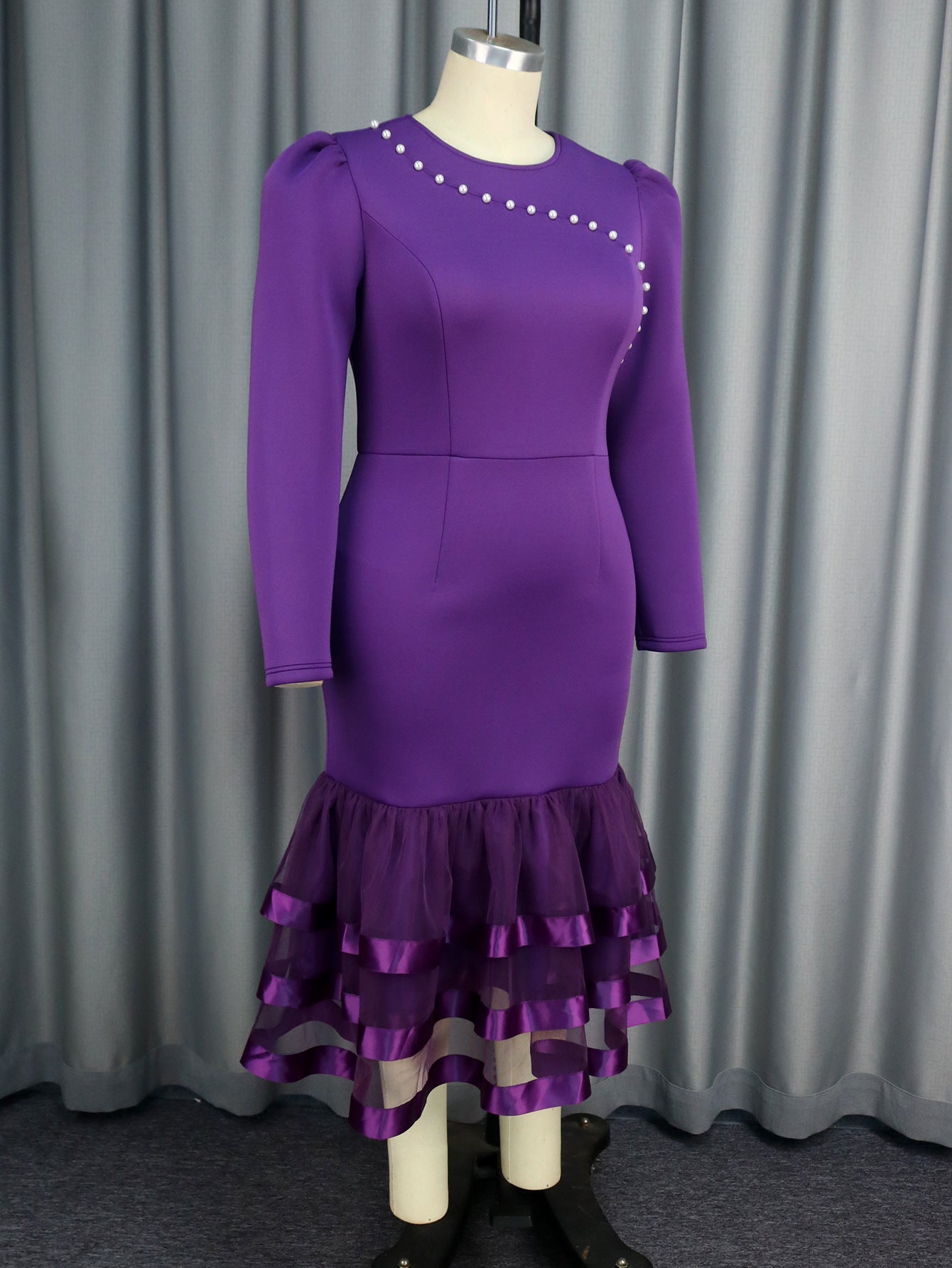 Women beaded Formal Party long sleeve Dress 6