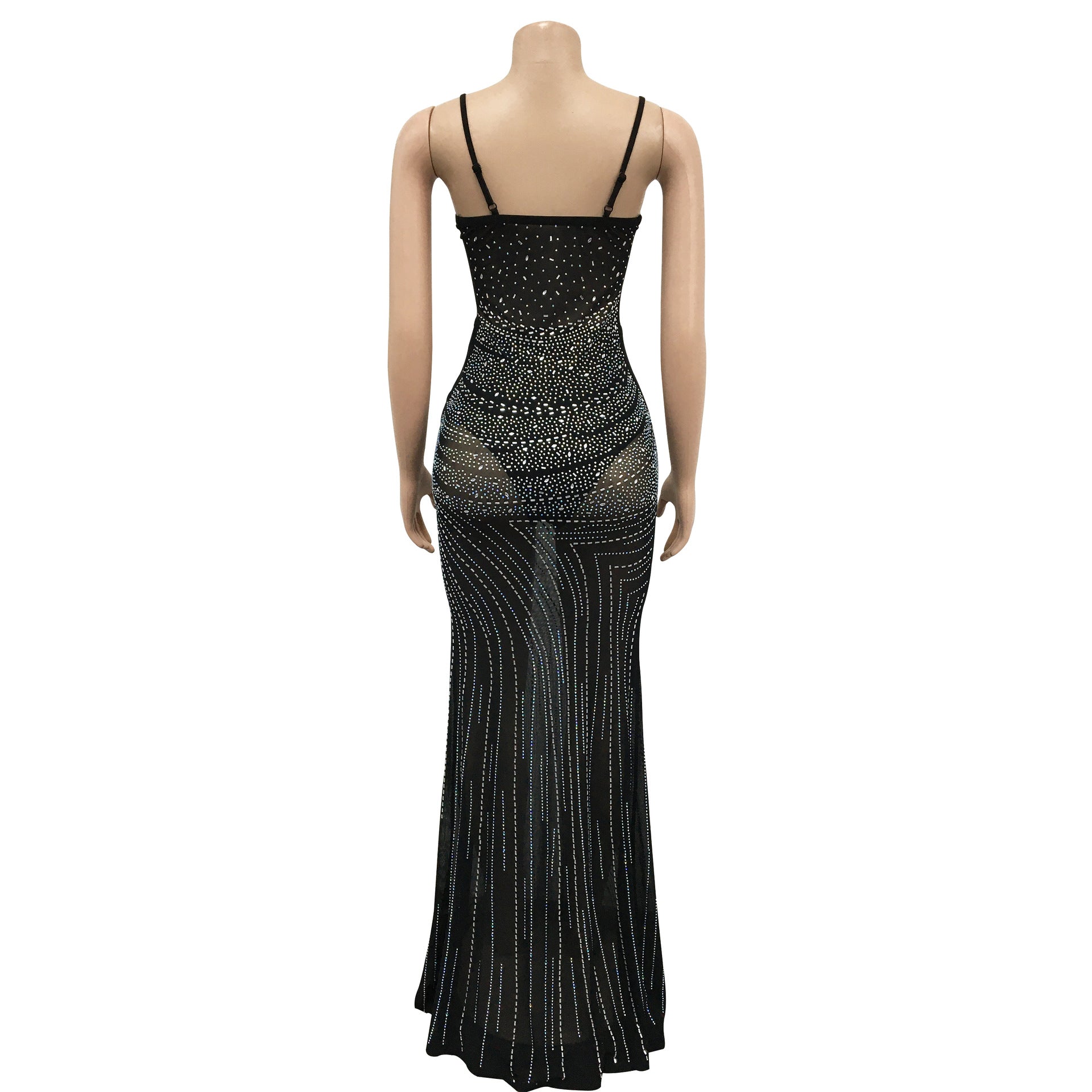 Women'S Fashion Mesh Beaded Sleeveless Straps V-Neck Maxi Dress 14