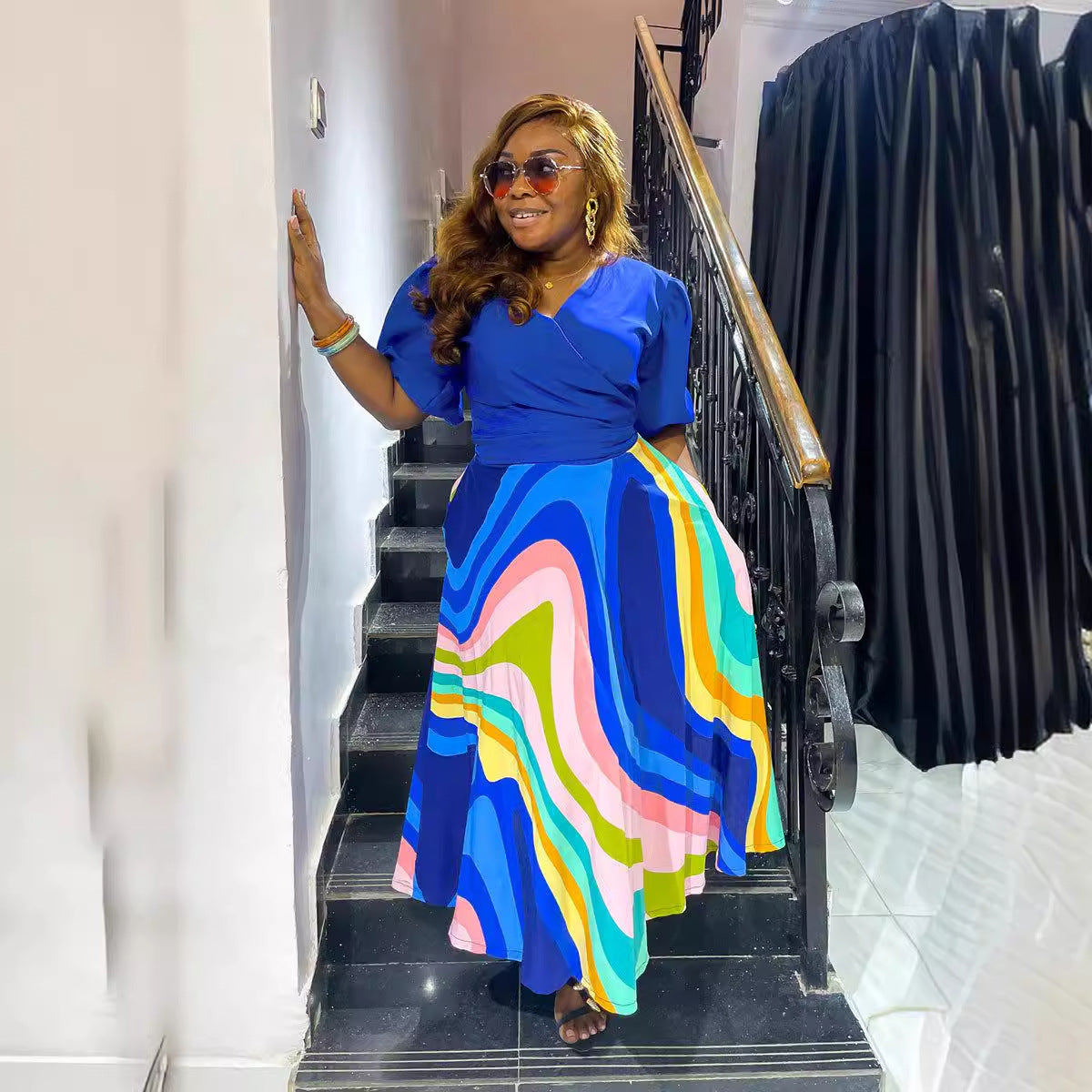 Women Sexy Contrast Print V-Neck Lace-Up Top and Skirt Two-piece Set 5