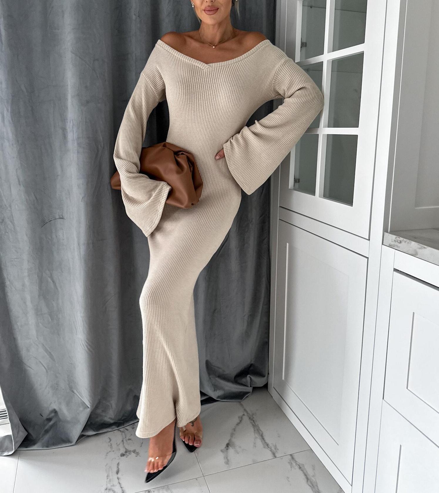 Winter and Spring knitting v-neck long sleeve Chic elegant long dress for women