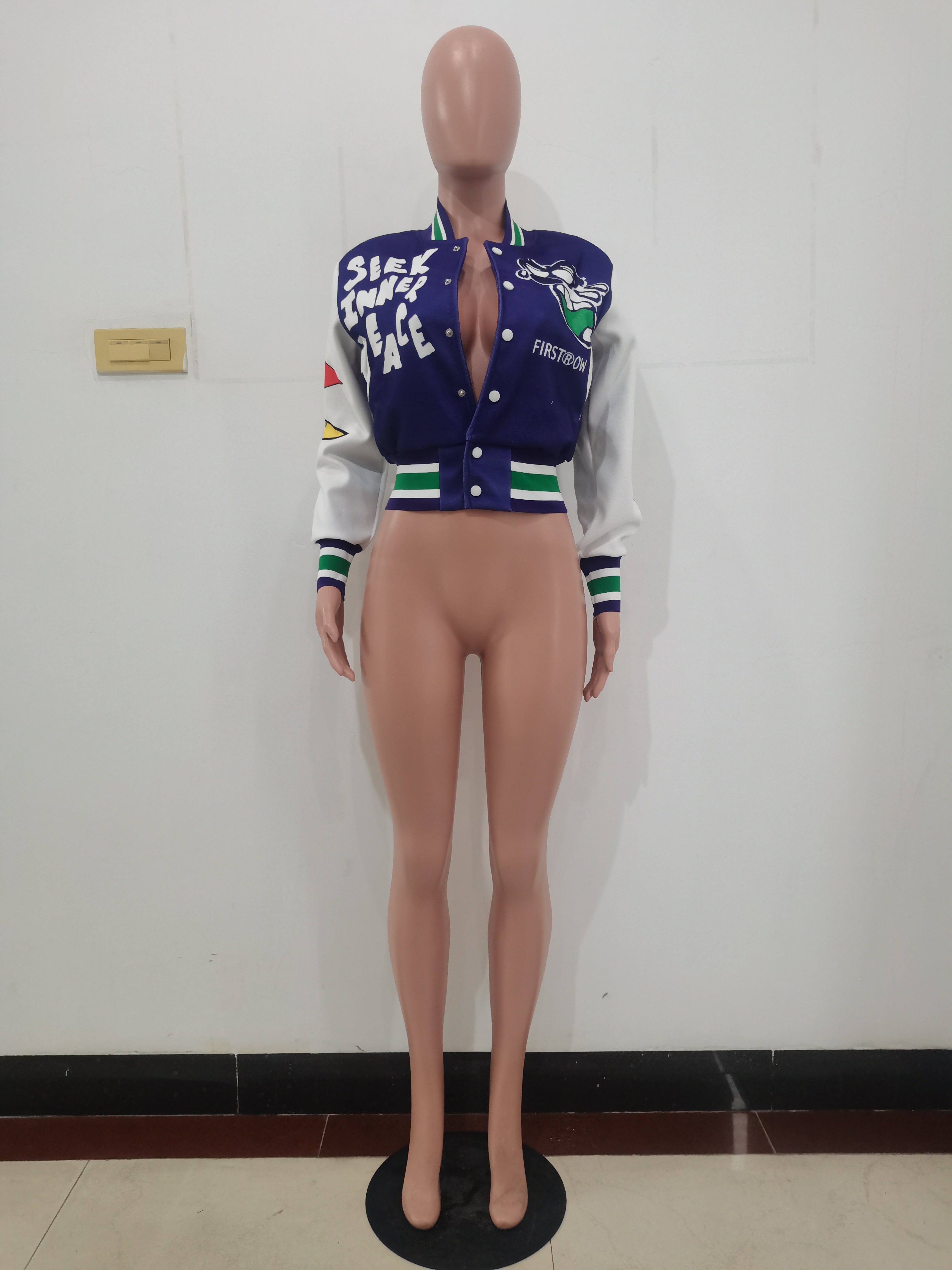 Positioning Print Ribbed Fashion Women's Top Baseball Jacket 30