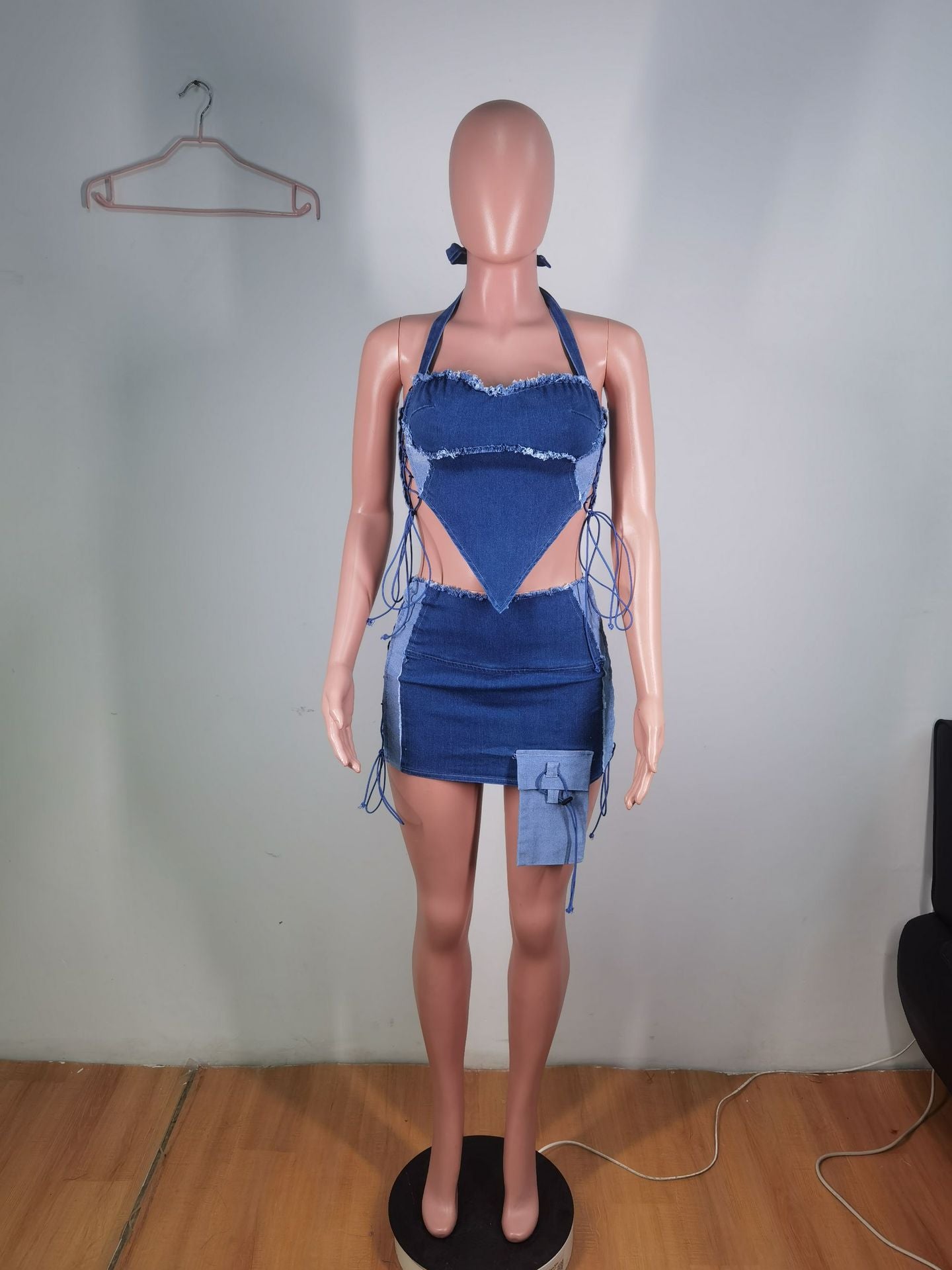 Women Chest Wrap Halter Neck Pocket Denim Two-piece Set 9