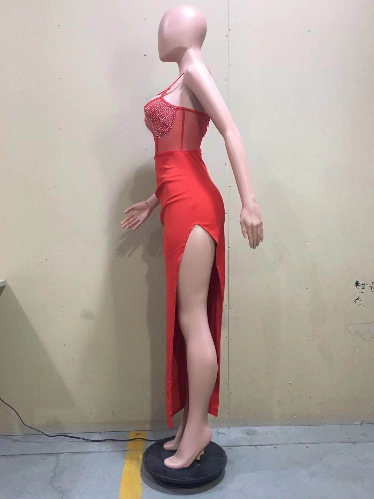 Women Summer Patchwork Mesh Beaded Slit Long Dress 19