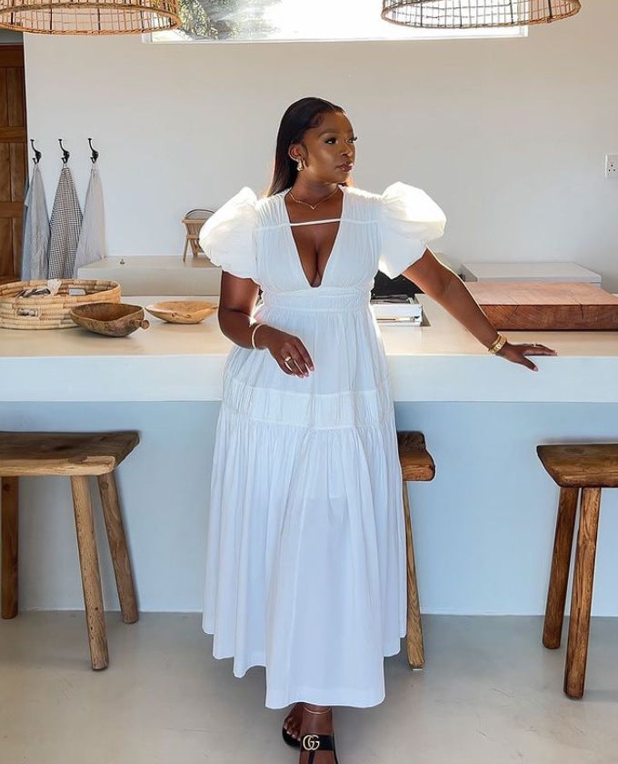 Women Spring V-Neck Zipper Puff Sleeve Hollow Maxi Dress 4