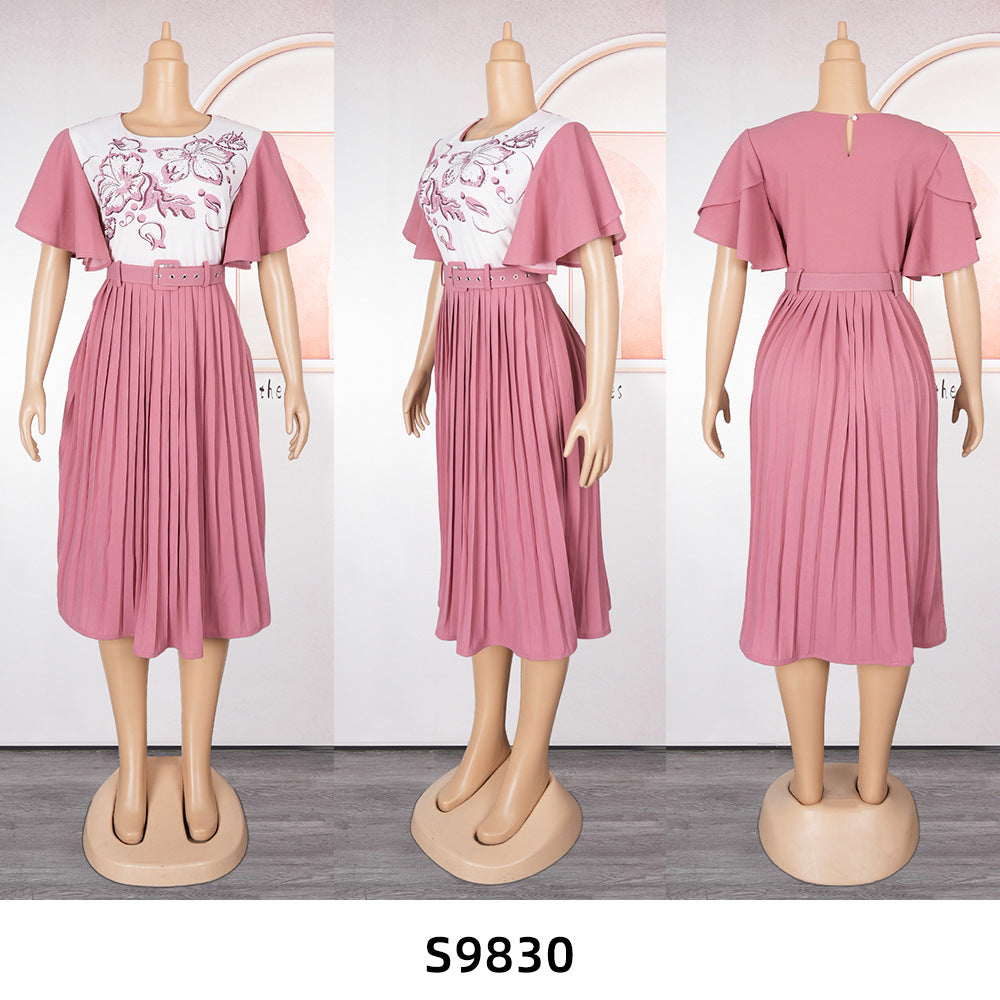 African Women's Printed Mother Of The Bride Dress Plus Size Pleated Dress With Belt 17