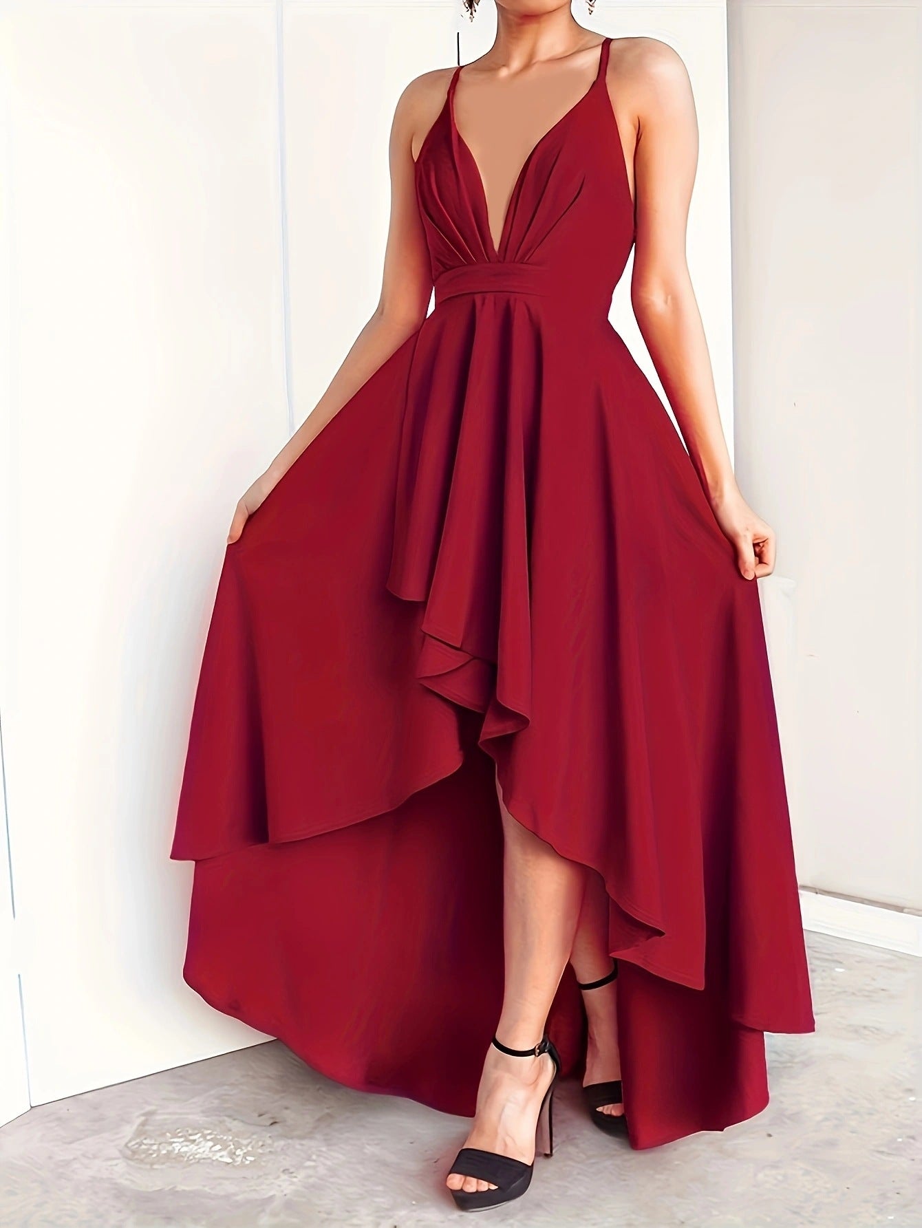 Women Solid Suspender V-neck Backless Irregular Strap Dress