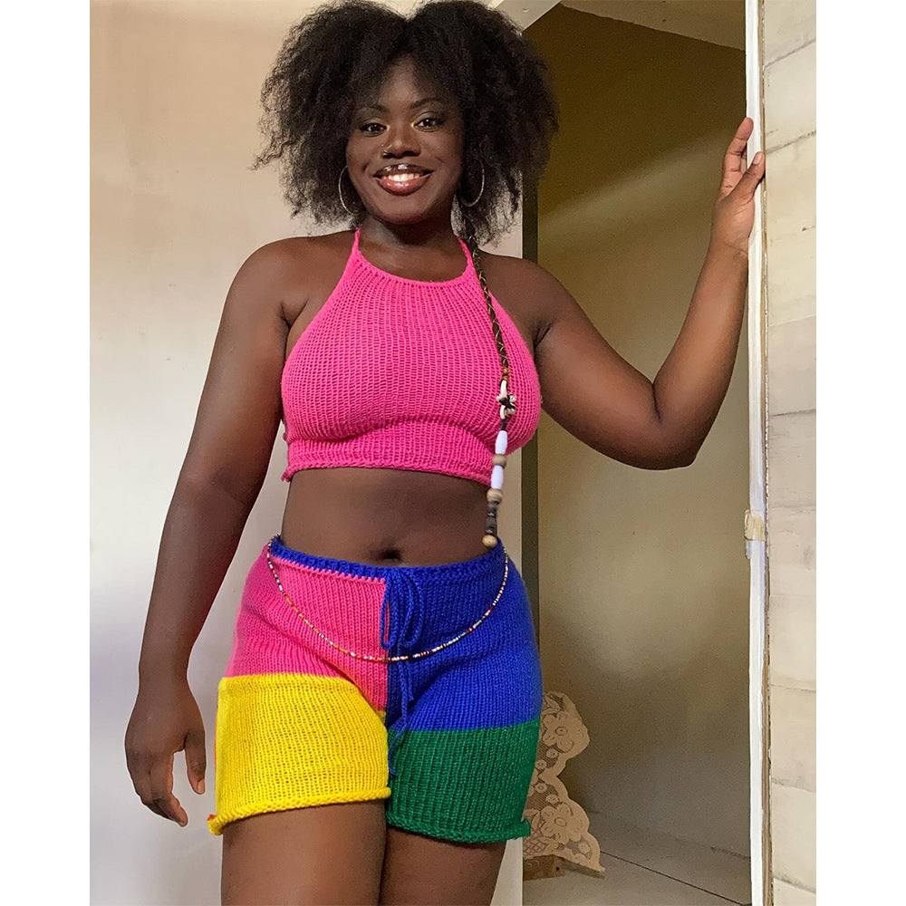 Summer Women's Knitwear Fashion Low Back Halter Neck Top & Tight-Fitting Shorts Set