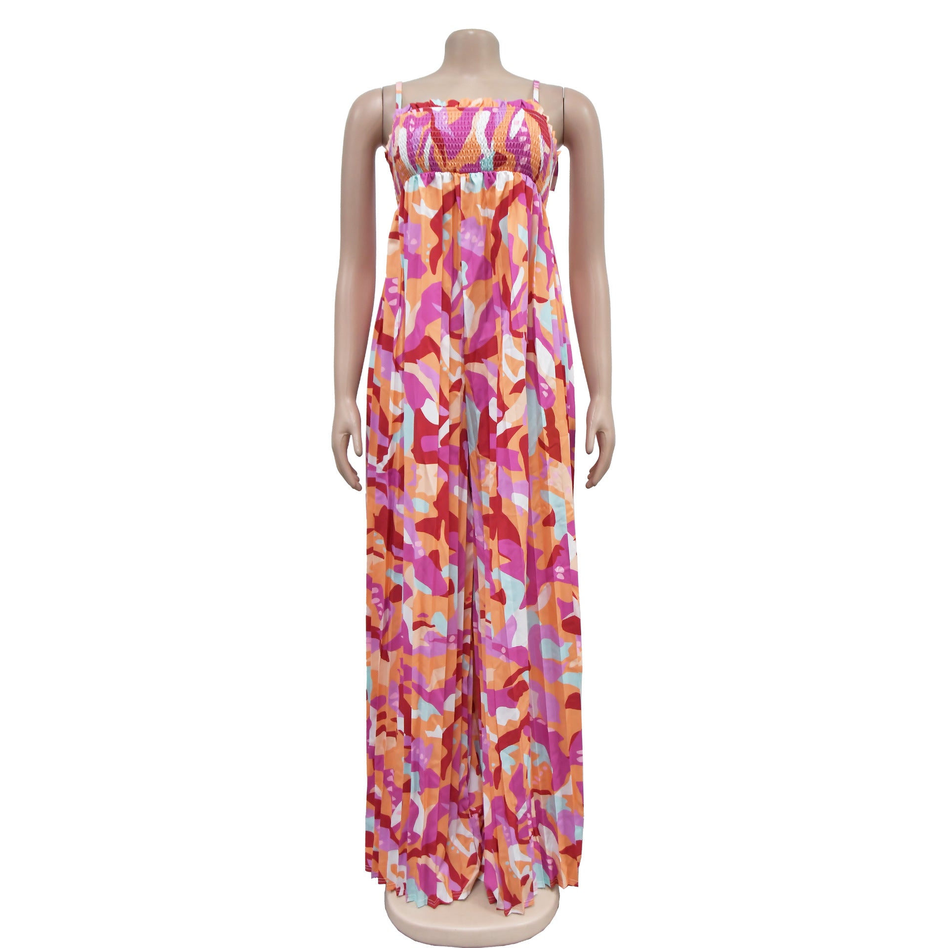 Women Sexy Printed Suspender Pleated Wide Leg Jumpsuit 13