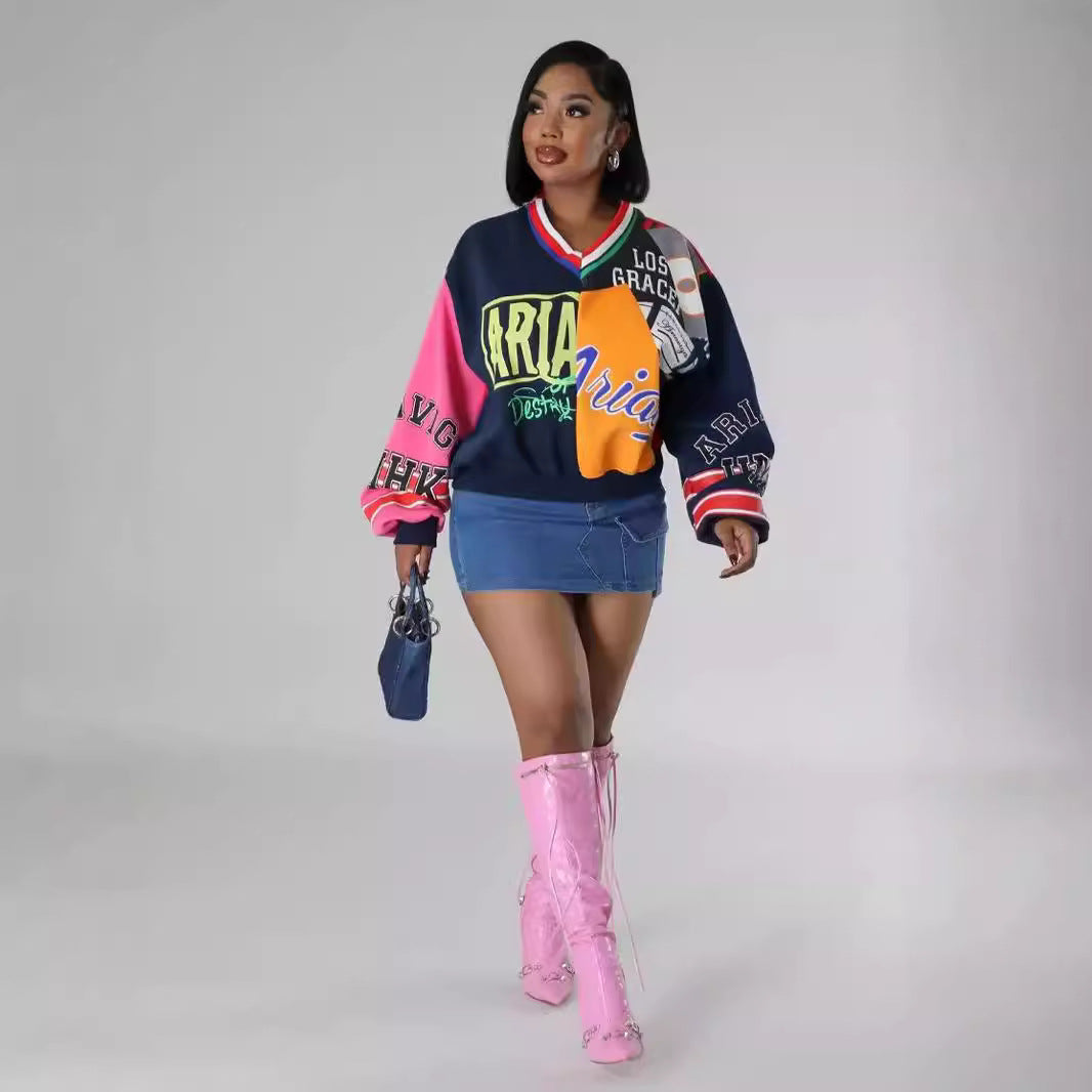 Women Casual V-Neck Patchwork Contrast Letter Print Loose Top 4