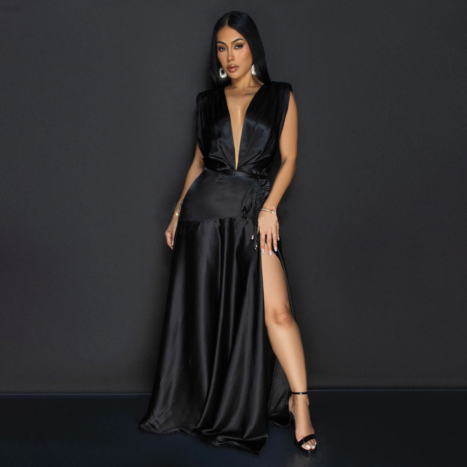 Fashionable Women's Sexy Deep V-Neck Sleeveless High Slit Long Dress 4