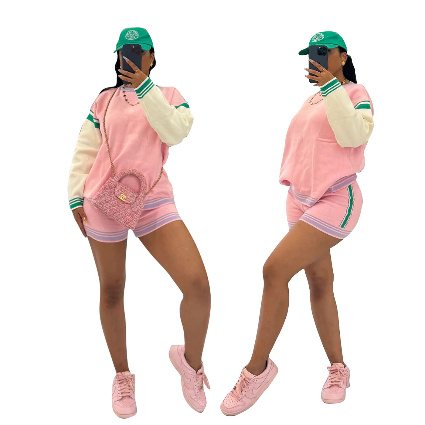 Women's Sporty Casual Color-Block Long Sleeve Two Piece Shorts Set 5