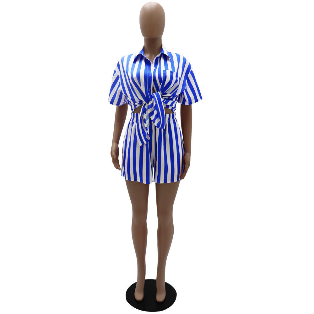 Striped Turndown Collar Long Sleeve Shirt Elastic Waist Shorts Set Two-Piece Set 14