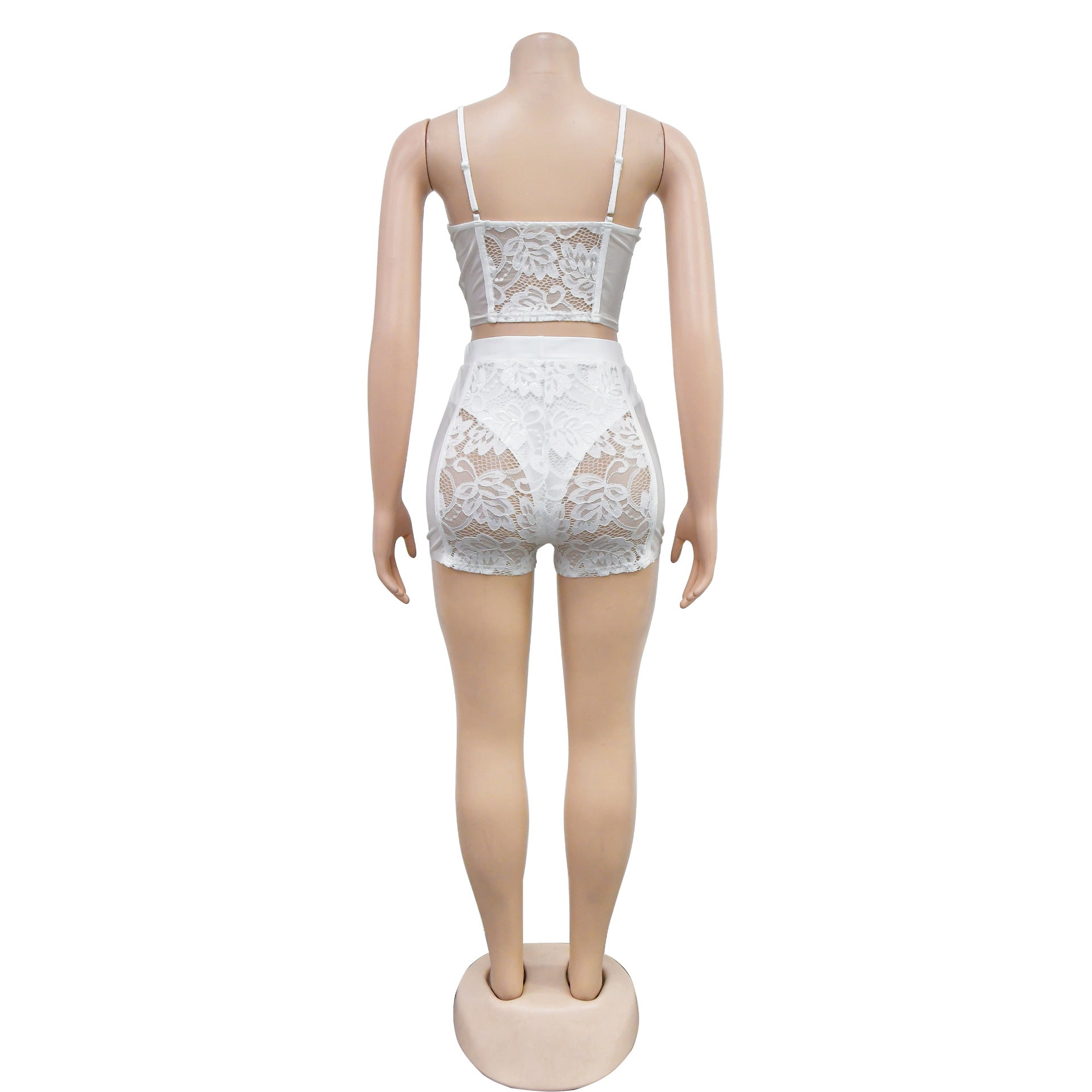 Women Solid Sexy Lace Sleeveless Top and Shorts Two-piece Set 22