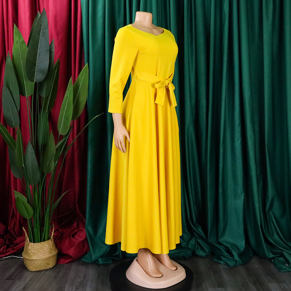 Women's Fall Winter Fashion Chic Solid long sleeve Belted African Plus Size Maxi Dress 30