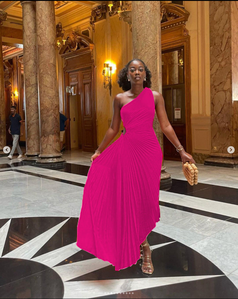 Elegant Slim Fit One Shoulder Cutout Pleated Gown Dress 13