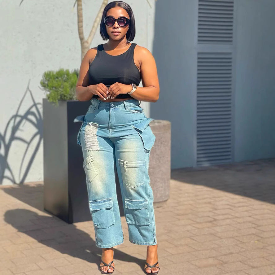 Women Trendy Cargo Denim Wide Leg Pants 4