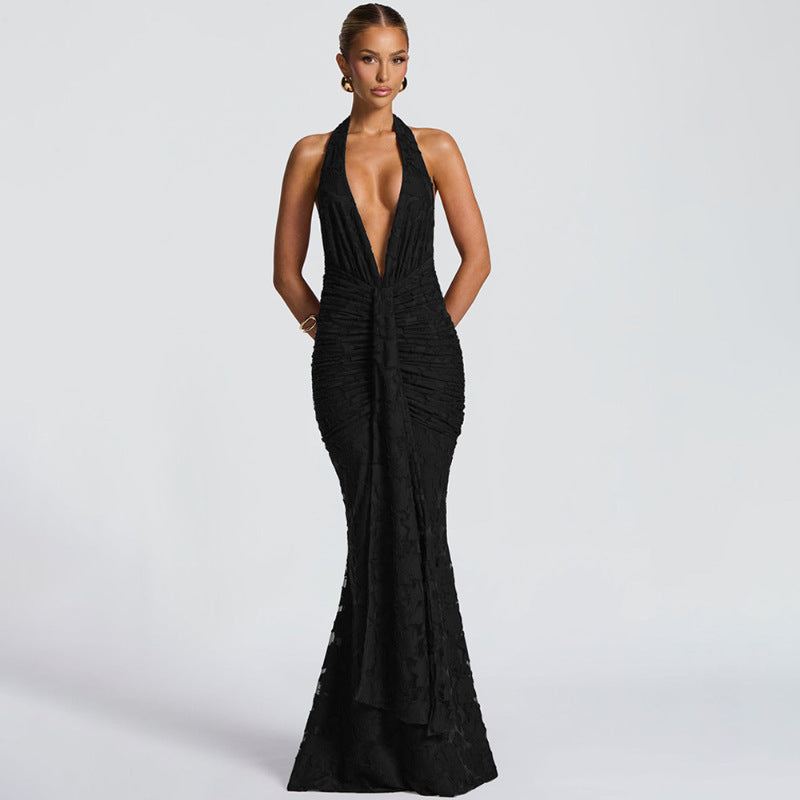 Women's Sexy Deep V Low Back Laced Crinkle Mermaid Long Dress 5
