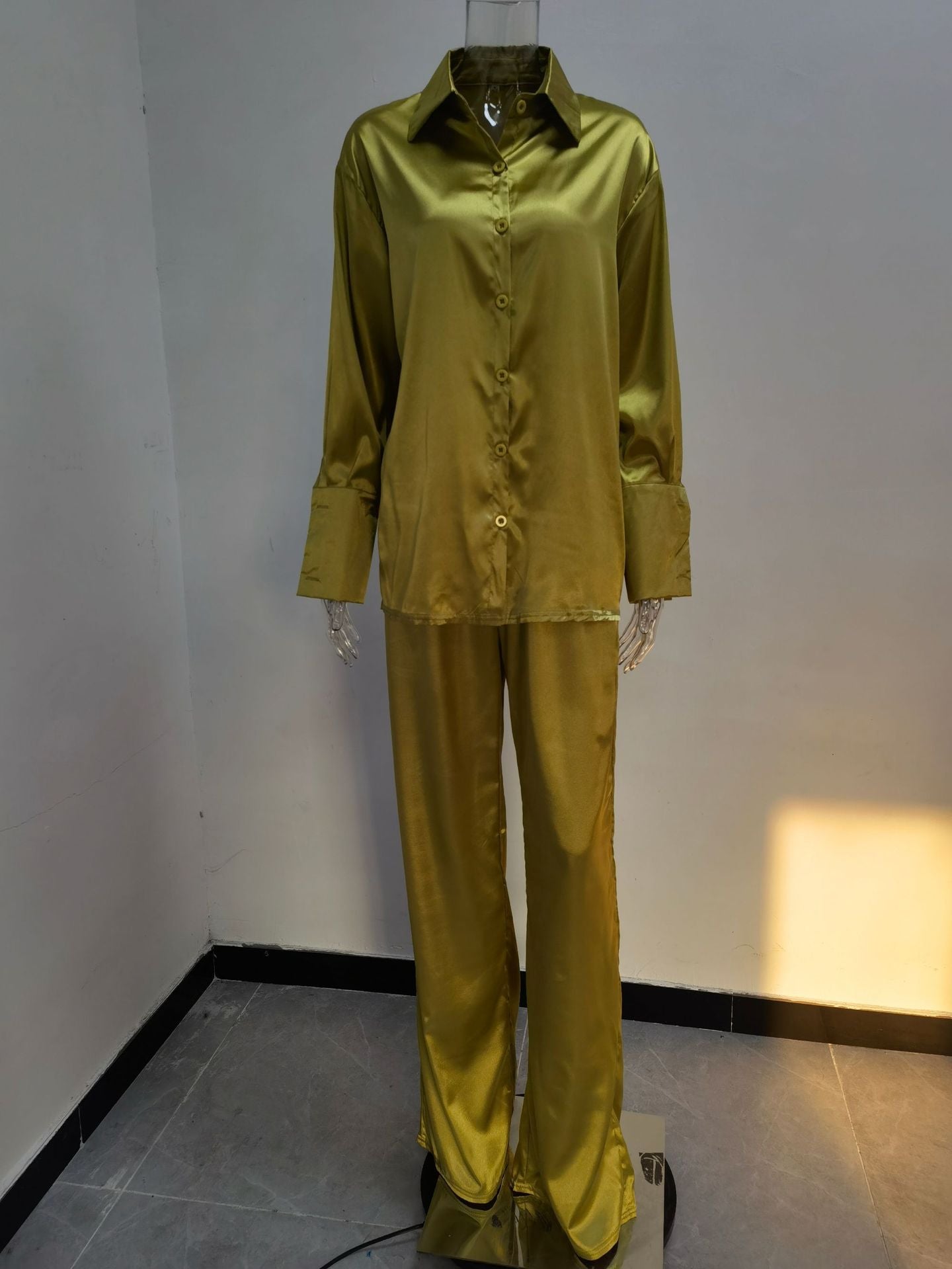 Solid Color Satin Long Sleeve Casual Two Piece Pants Set Trendy Lounge Wear 31