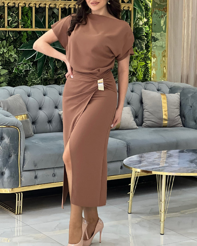 Solid Color Slash Shoulder Lace-Up Patchwork Slit Dress 6