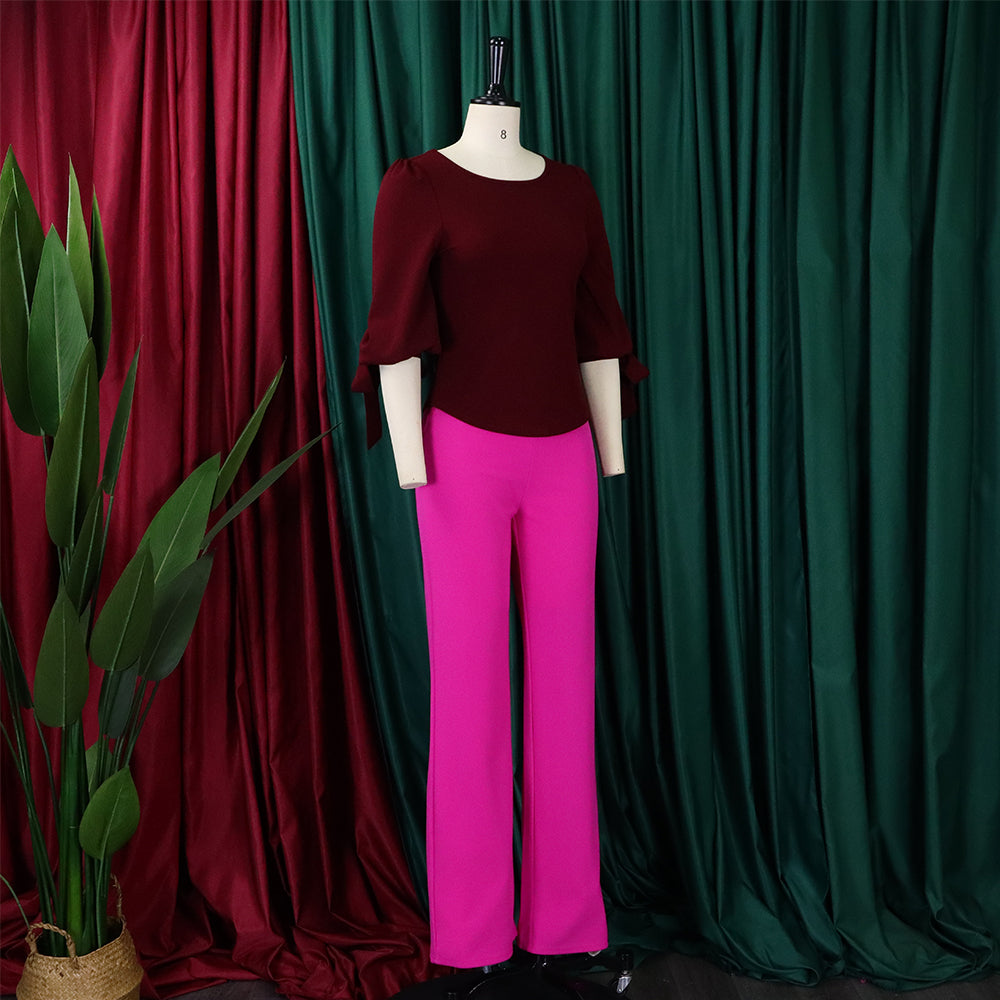 Women's Casual Set Loose Plus Size Lace-Up Top High Waist Wide Leg Pants Two-Piece Set 19