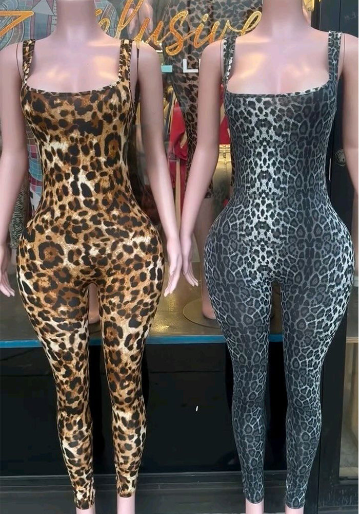 Leopard Print Sleeveless Square Neck Low Back Jumpsuit for Women
