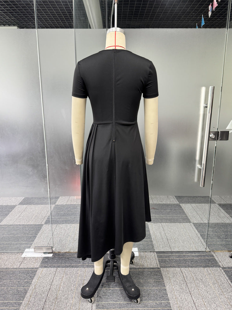 Women elegant Career Round Neck button decoration irregular slit pleated dress 10