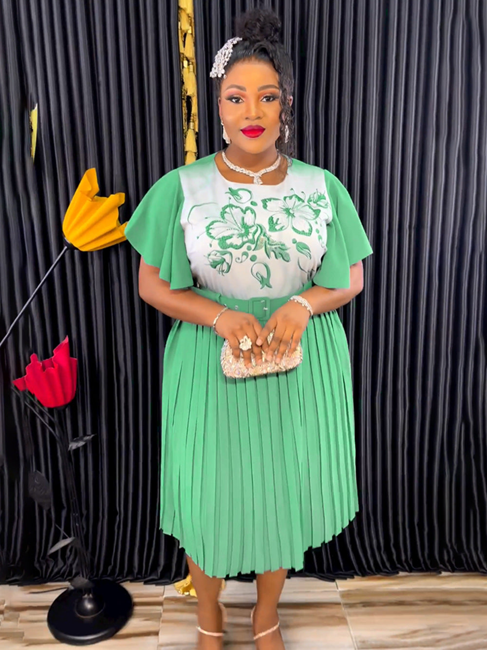 African Women's Printed Mother Of The Bride Dress Plus Size Pleated Dress With Belt 9