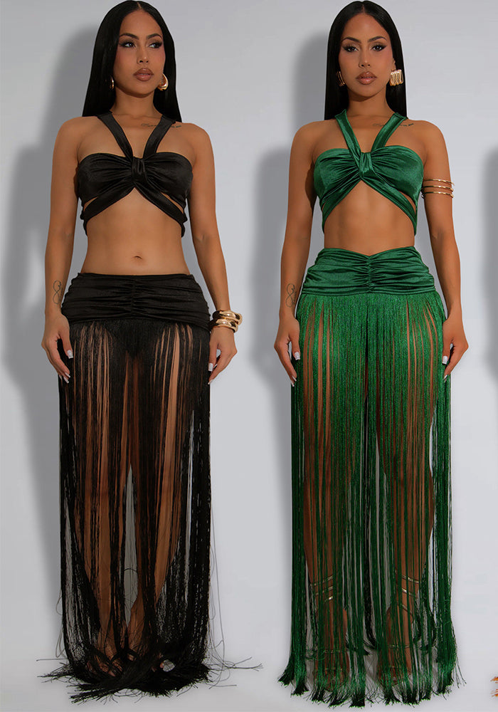 Women's Fashion Sexy Strap Top & Fringe Long Skirt Two-Piece Set