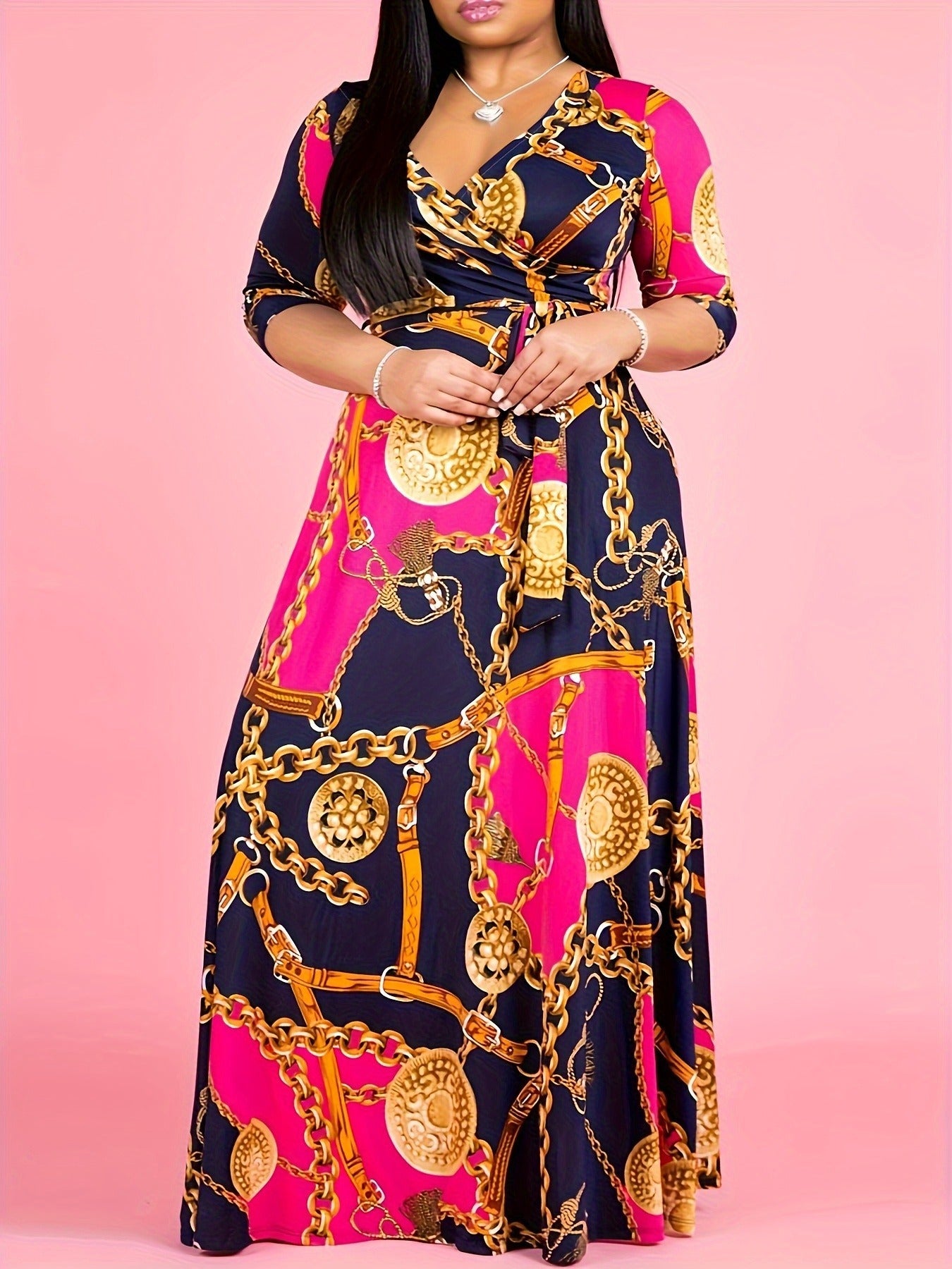 Plus Size Sexy Printed Wrap V-Neck Maxi Dress 4